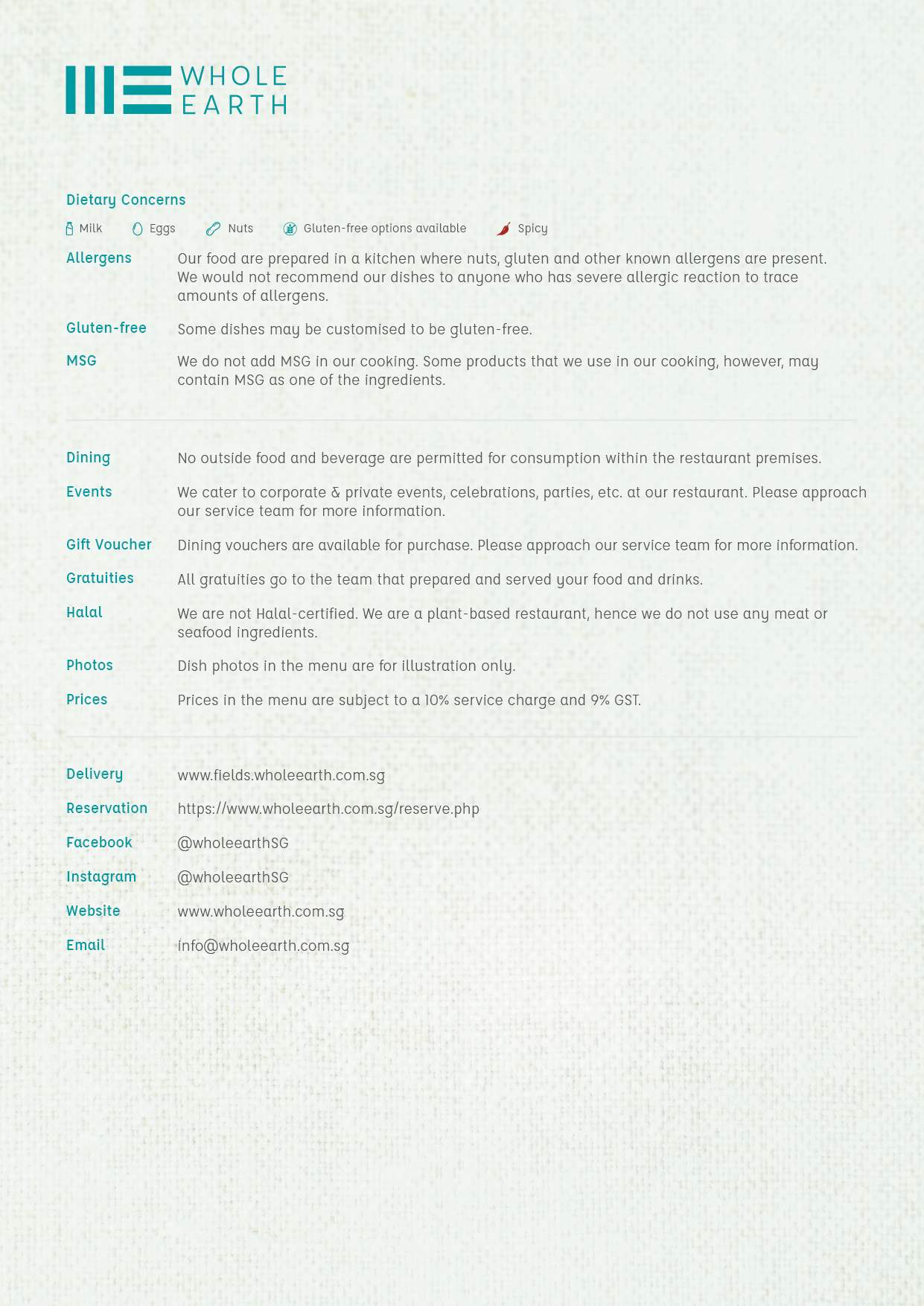 Whole Earth Food Menu